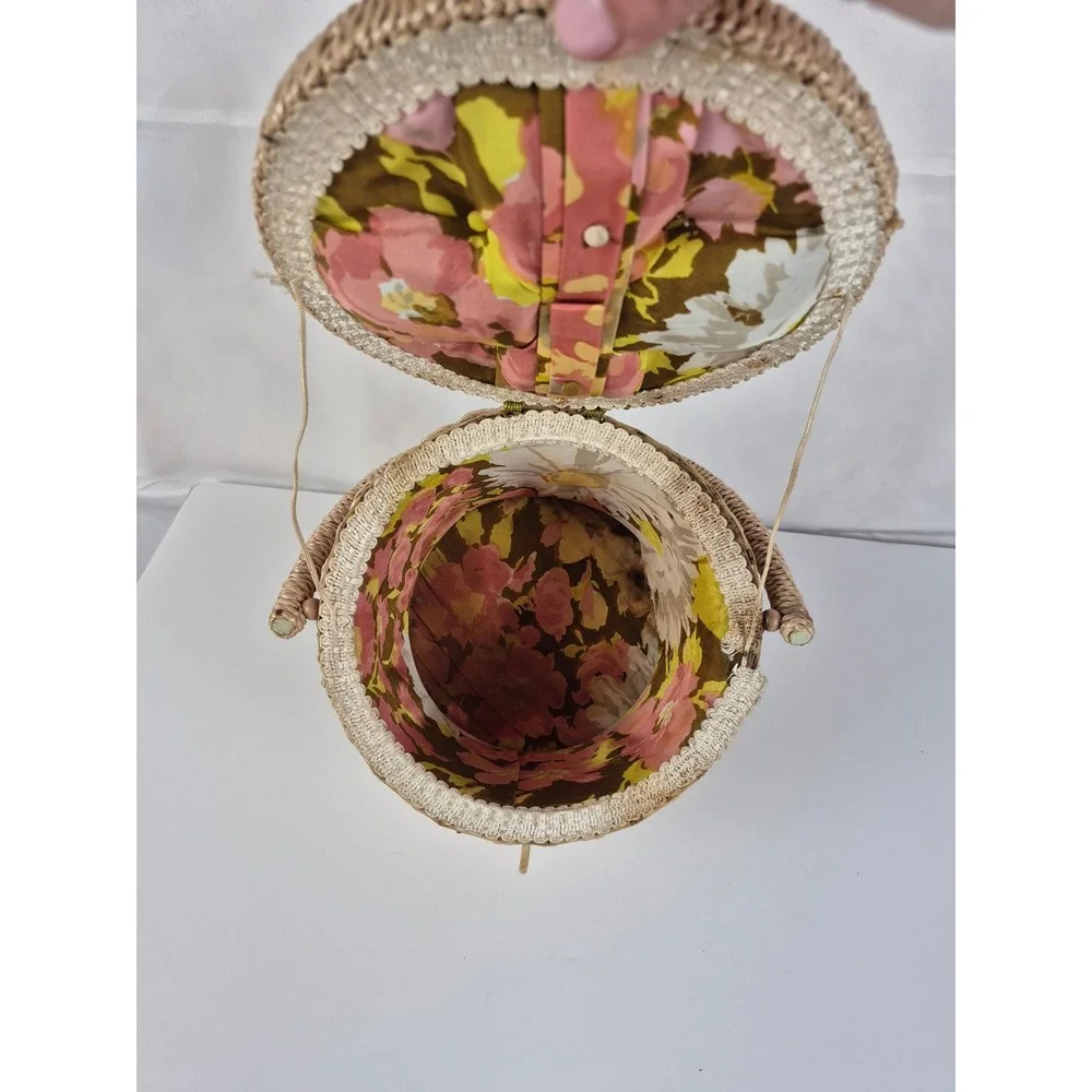 Vintage Wicker Sewing Basket Floral Lined Japan Insert Boho Craft Storage‎